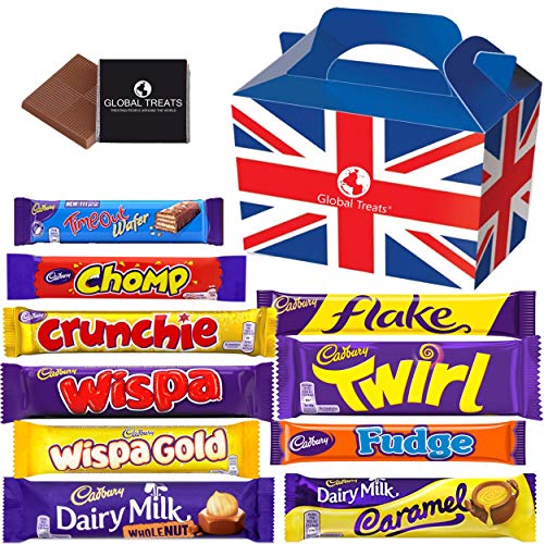 Cadbury Chocolate Gift Pack Medium - 10 FULL SIZE Chocolate bars of delicious Cadbury Chocolate from the UK with unique Gift Box and a free Global Treats Choc & Pen