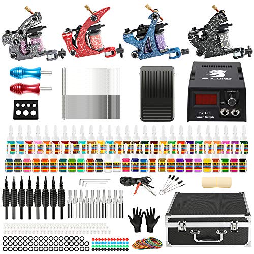 Solong Complete Tattoo Kit 4 Pro Machine Guns 54 Inks Power Supply Foot Pedal Needles Grips Tips Carry Case TK456