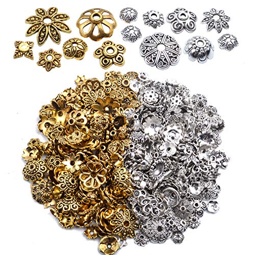 100g (200-350pcs) Mixed Metal Flower Bead Caps Spacer Beads Bali Style Jewelry Findings for DIY Crafting Jewelry Making, Antique Gold and Antique Silver