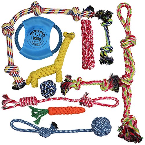 Pacific Pups Products supporting pacificpuprescue.com dog rope toys for aggressive chewers-set of 11 nearly indestructible dog toys-bonus giraffe rope toys-benefits non profit dog rescue.