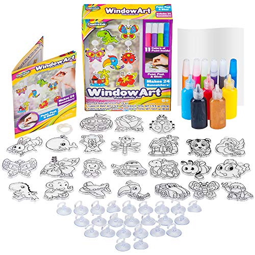 Window Paint Art Stickers Kit Kids – Children’s Make Your Own Fun Suncatchers Set – [24] Sun Catchers, [24] Suction Cups & [11] Paints – DIY Car Window & Mirror Arts & Crafts Kit Children