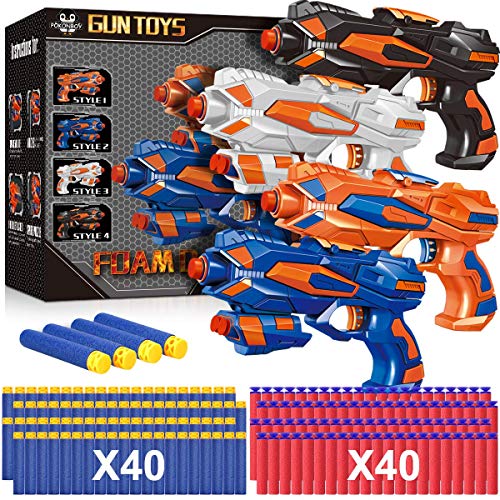POKONBOY 4 Pack Blaster Guns Compatible with Nerf Guns Bullets, Toy Guns for Boys Girls with 80 Pack Foam Refill Darts, Hand Gun Toys for 4 5 6 7 Year Old Kids Birthday Christmas