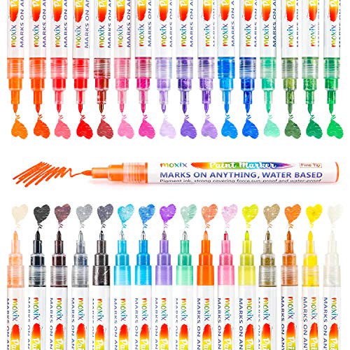 32 Colors Acrylic Paint Marker Pens- Include 10 Glitter Markers, For Rock Painting, Paper, Plastic, Ceramic, Glass, Wood, Metal, Canvas. Water Based, Acid Free Non Toxic, Quick Dry, Fine Tip