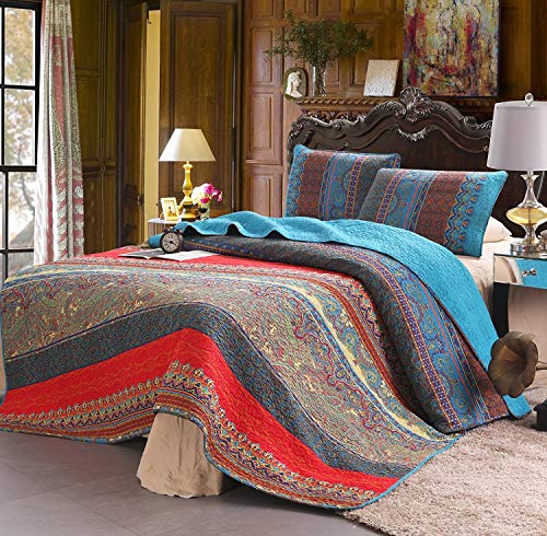 Exclusivo Mezcla 100% Cotton 3-Piece Paisley Boho King Size Quilt Set/Bedspread- Lightweight, Reversible& Decorative