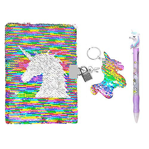 QearFun Unicorn Sequin Journal Mermaid Sequin Notebook with Ballpoint Pen Reversible Sequin Journal Flip Sequin Notebook for Kids Girls Diary Unicorn Journal Gifts (muliticolored with Lock)