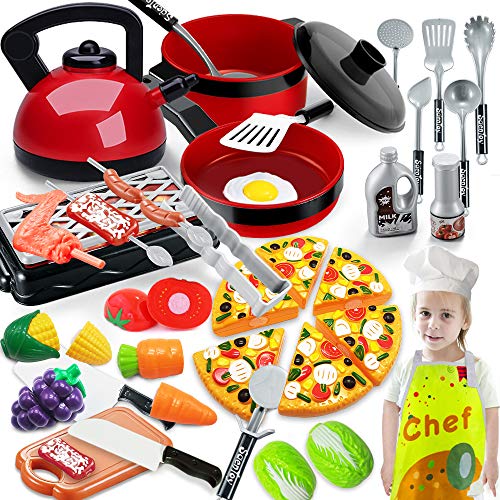 Scientoy Kitchen Toys for Pretend Play, 38 Pcs Toy Cooking Set with Cooking Utensils, Play Food, Chef Coat& Hat, Pizza, Pots & Pans and BBQ Grill for Kids, Learning Gift for Baby Toddlers Girls Boys