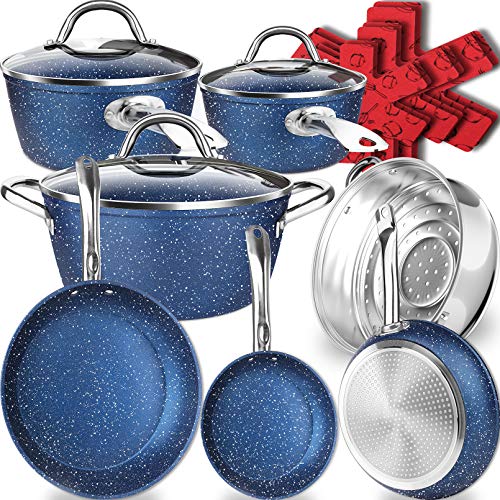 Dealz Frenzy Stone Ultra Non-Stick Induction Cookware Set, 16 Pieces Marble Mineral Coating Pots and Pans Set, Stainless Steel Handle,Durable, Scratch Resistance, Dishwasher Safe, Oven Safe Ocean Blue