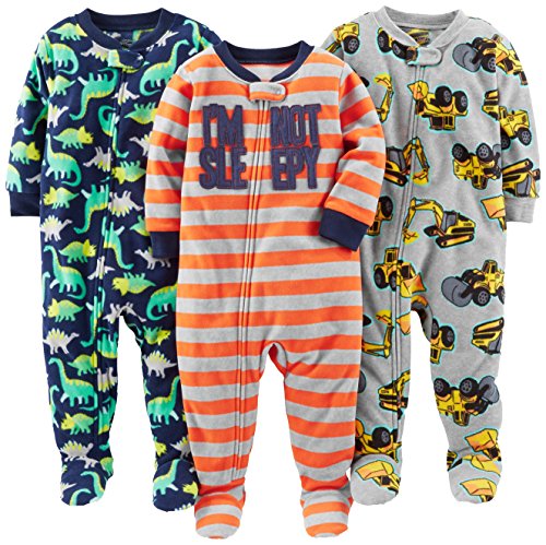 Simple Joys by Carter's Baby Boys' 3-Pack Loose Fit Flame Resistant Fleece Footed Pajamas, Red Stripe/Diggers/Dino, 12 Months
