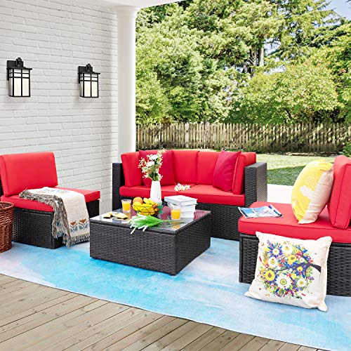 Furniwell 5 Pieces Patio Furniture Sectional Set Outdoor Wicker Rattan Sofa Set Backyard Couch Conversation Sets with Pillow Cushions and Glass Table (Red)