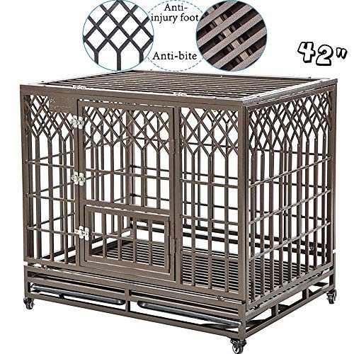 SMONTER Heavy Duty Dog Cage for Large Dog Strong Metal Kennel and Crate Pet Playpen with Three Doors, Four Wheels,42 Inch,Y Shape,Brown … … …