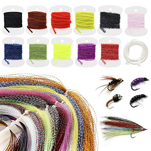Croch Fly Tying Materials Kit for Dry/Wet Flies, Nymphs and Streamers (10Crystal Flash + 3Flashabou + 7Ice Chenille + 4Rayon Chenille + 1Mylar Tube)