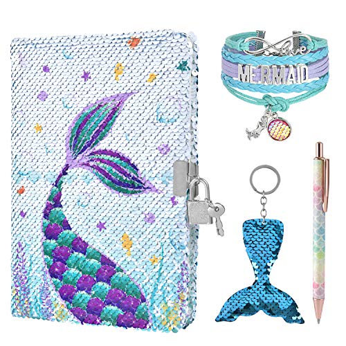 WERNNSAI Sequins Notebook Set - Sparkly Mermaid Journals Unique Gift for Girls Travel School Office Notepad Memos A5 Diary Notebooks Ballpoint Pen Bracelet Key-Chain with Locks and Keys