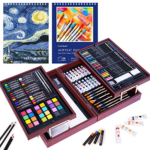 126 Piece Deluxe Art Creativity Set with 2 Drawing Pad, Art Supplies in Portable Wooden Case- Crayons, Oil Pastels, Colored Pencils, Acrylic Paints, Watercolor Cakes, Brushes - Deluxe Art Set