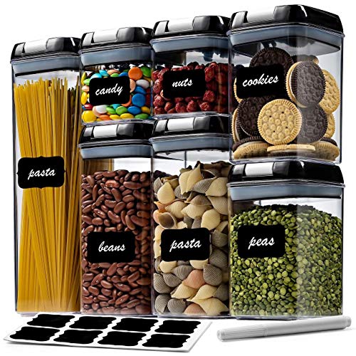 7 Pc Airtight Food Storage Container Set - Kitchen & Pantry Organization Containers - Labels & Chalk Marker - BPA Free Clear Plastic Kitchen and Pantry Organization Containers