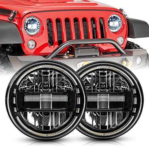 SPL Ult 7' inch DOT Approved LED Round Headlights With DRL Halo for Jeep Wrangler JK LJ CJ TJ 1997-2018 Headlamps Hummer H1 H2-2019 Replacement(Black Pair)