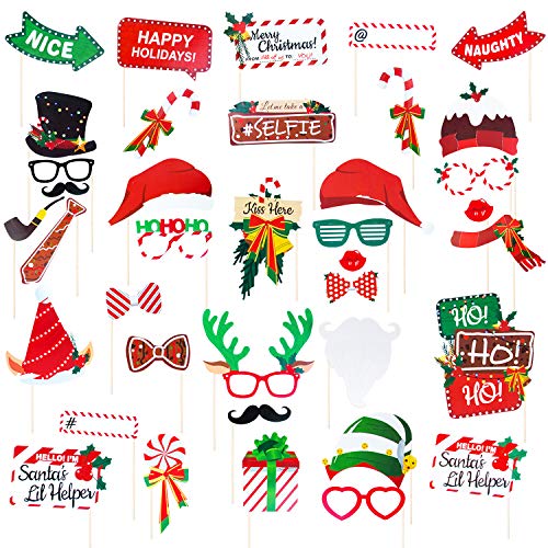 Christmas Photo Booth Props, 38 Pcs Photobooth Props Kit Holiday Event Party Favors Supplies for Adult Kids, Funny Selfie and Photo Prop Kits with Sticks (Green)