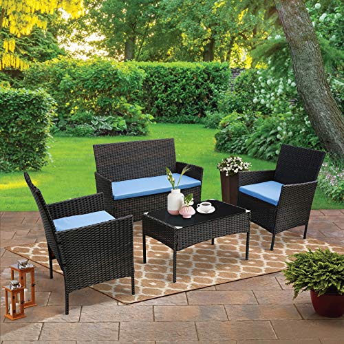 CRZDEAL Rattan Garden Furniture Set, 4 Piece Patio Rattan Furniture Sofa Weaving Wicker Includes 2 Armchairs,1 Double seat Sofa and 1 Table