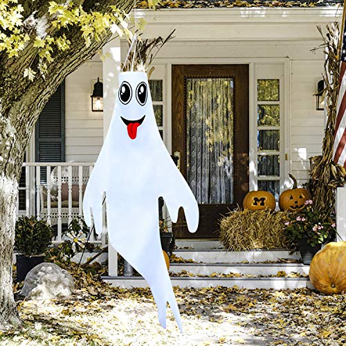 Yoochee 47” Halloween Ghost Windsocks Hanging Decorations, Outdoor Durable Oxford Ghost Windsocks Halloween, Flag Wind Socks Includes Swivel for Holiday Home Yard Garden Outdoor Decor