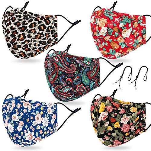 Reusable and Washable Face Madk with 2 Adjustable Lanyards for Women,Build-in Nose Wire and Filter Pocket,Breathable Dust Cloth Fabric with Floral,Bohemian and Leopard Print for Outdoor(5 Pack)