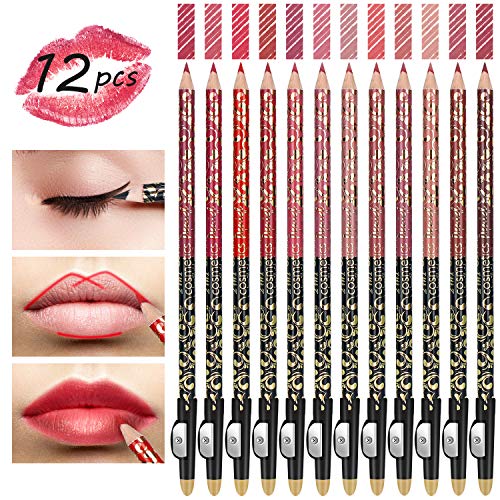 High Pigmented Lip Liner Set - Pack of 12 Creamy and Smooth 2-in-1 Matte Make Up Lip Liners Pencil for Daily/Travel/Party/Work, with Eyeliner Function and Sharpener