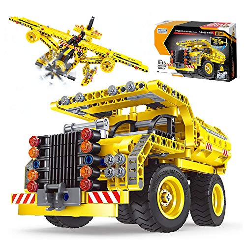 2in1 STEM Engineering Building Kits, Construction Dump Truck & Airplane Blocks Build Set for Boys & Girls Aged 6 7 8+