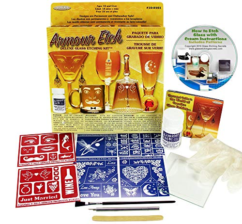 Glass Etching Kit with Cream, Reusable Stencils, Brush, Applicator, Cutter, Gloves + Free How to Etch CD