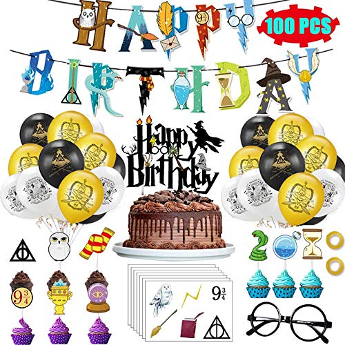 Magical Wizard Birthday Party Supplies Decorations, Harry Style Wizard School Glasses Birthday Banner, Balloons, Tattoos Stickers, Cupcake Toppers, Halloween Spooky Theme Decor Stuff for Girls 100pcs