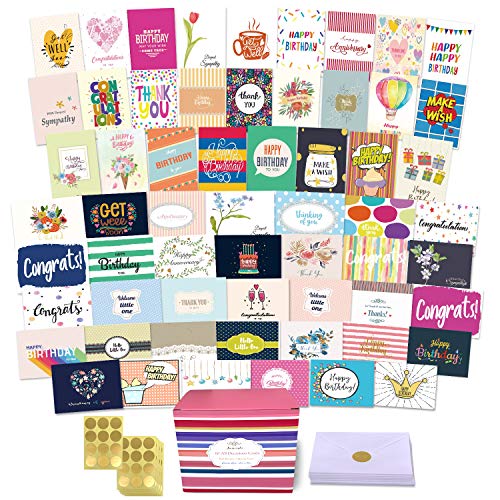 60 All Occasion Greeting Cards Assortment, Large Unique Assorted Cards with Greeting Inside. Birthday Cards, Thank You, Sympathy, Baby, Wedding and More. Card Organizer with Envelopes - 5 X 7 Inch