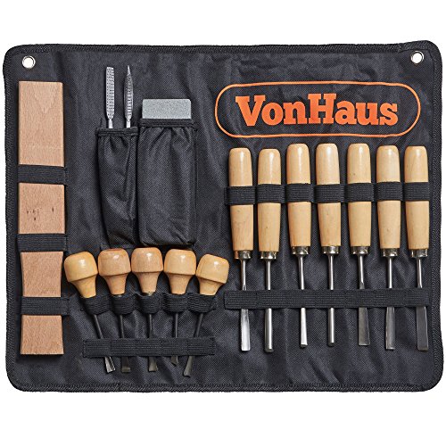 VonHaus 16pc Wood Carving Tool Set with Wood Knives, Carving Tools, Files Sharpening Stone and Mallet - Beginner Woodworking Chisels with Carry Case