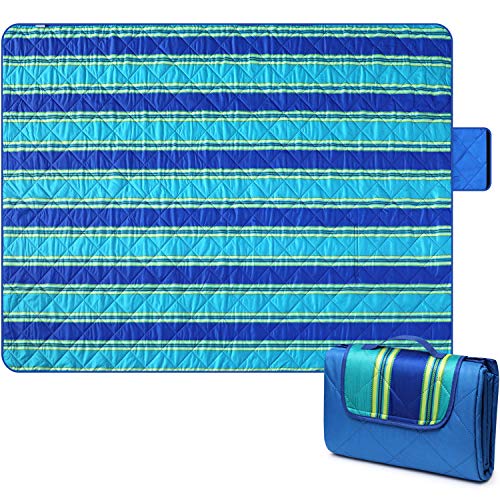 Bertte Outdoor Blanket Large Beach Camping Picnic Blanket Oversized Hiking Park Waterproof Sand Free Handy Compact Mat Durable Foldable Machine Washable Rug for Travelling, 79' x 59', Blue Stripe