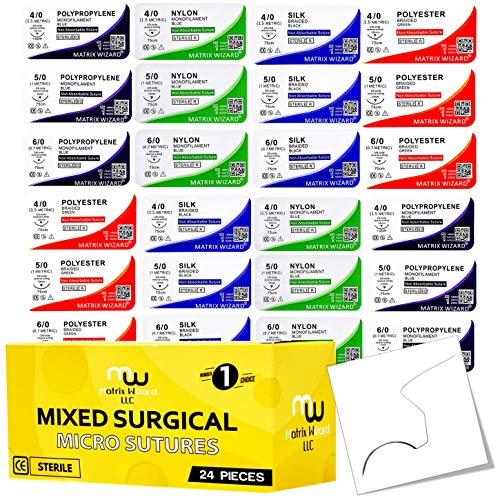 Sutures Thread with Needle (24 Mixed 4-0, 5-0, 6-0) - RN, EMT, Vet, Dental Clinical Rotation; Wilderness Emergency First Aid; ER Surgical Wound Closure Medical Training; Trauma Practicing Set