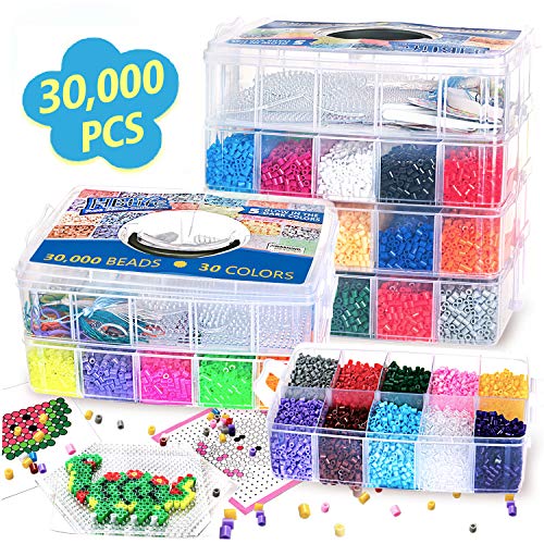 30,000 pcs Fuse Beads Kit 30 Colors 5MM for Kids, Including 10 Ironing Papers,48 Patterns, 7 Clear Pegboards, Tweezers, Perler Beads Compatible Kit