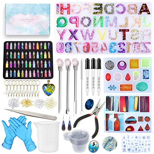 Alphabet Mold for Resin, Resin Kits for Beginners with Letter Molds Silicone Large Resin Keychain Molds Casting for DIY Resin Art, Resin Jewelry Making Kit with Glitter and Earring Hook