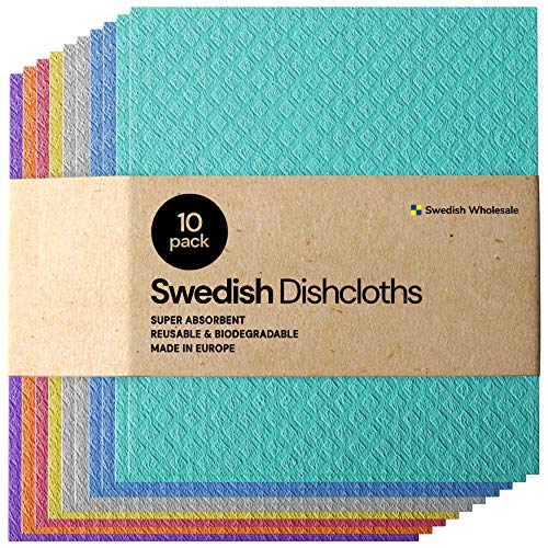 Swedish Dishcloth Cellulose Sponge Cloths - Bulk 10 Pack of Eco-Friendly No Odor Reusable Cleaning Cloths for Kitchen - Absorbent Dish Cloth Hand Towel (10 Dishcloths - Assorted)