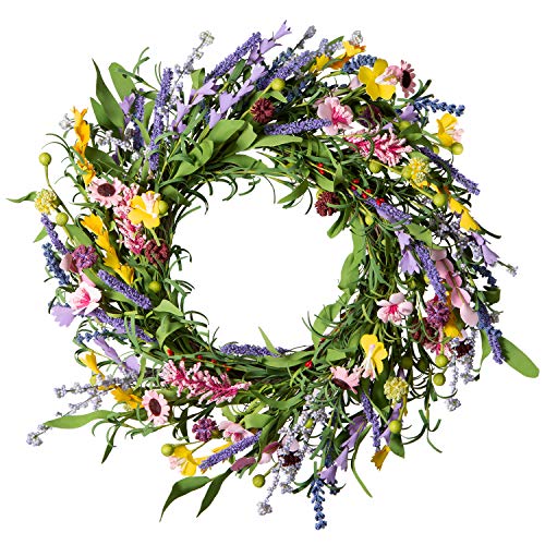 LIFEFAIR Front Door Wreath,22 inch Spring Wreath with Springtime Faux Flower and Grapevine Wreath Base, Summer Wreath