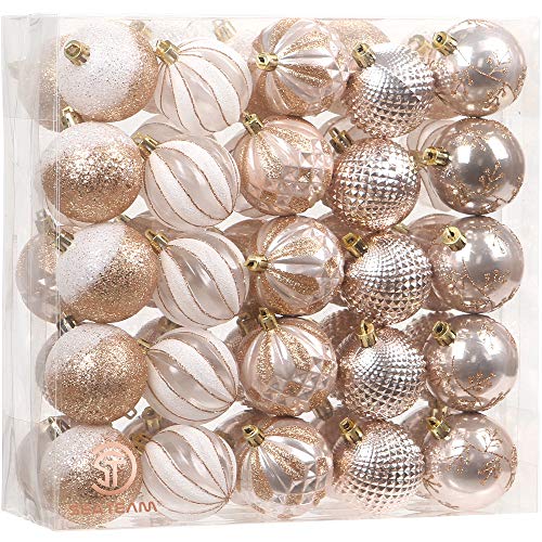 Sea Team 50-Pack Christmas Ball Ornaments with Strings, 60mm/2.36-Inch Medium Size Baubles, Shatterproof Plastic Christmas Bulbs, Hanging Decorations for Xmas Tree, Holiday, Wedding, Party, Rose Gold