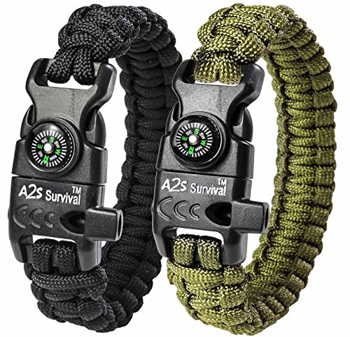 A2S Protection Paracord Bracelet K2-Peak – Survival Gear Kit with Embedded Compass, Fire Starter, Emergency Knife & Whistle (Black/Green 8')