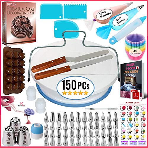 150 Pcs Cake Decorating Supplies Kit for Beginners-1 Turntable stand-48 Numbered icing tips with pattern chart & E.Book-1 Cake Leveler-Straight & Angled Spatula-3 Russian Piping nozzles-Baking tools