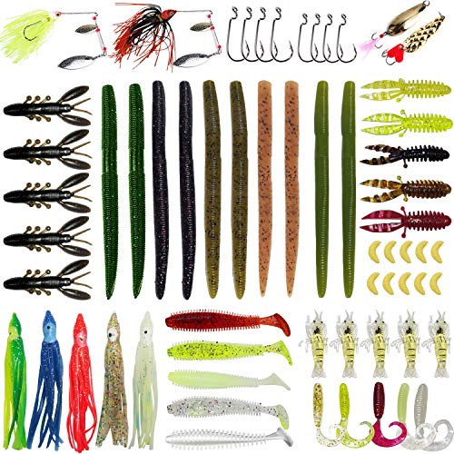 Gimland Soft Fishing Lures Kit for Bass, Baits Tackle Including Trout, Salmon, Spoon Lures, Soft Plastic Worms, CrankBait, Jigs, Fishing Lure Set with Free Tackle Box (64 pcs)