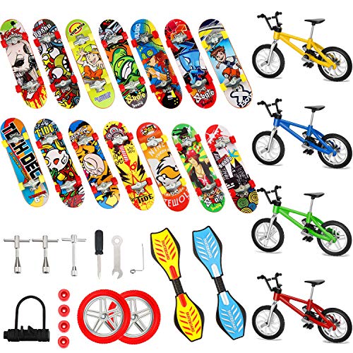 Gejoy 29 Pieces Mini Finger Toys Set Finger Skateboards Finger Bikes Tiny Swing Board Fingertip Movement Party Favors Replacement Wheels and Tools