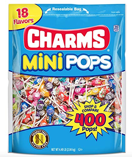 Charms Mini Pops 18 Assorted Lollipop Flavors with Resealable Bag (400 Count) Peanut Free, Gluten Free, Perfect for Halloween