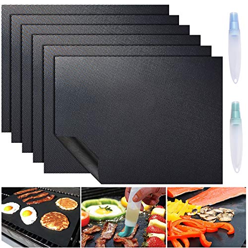 ACMETOP 6 Pack Large Grill Mat, Non Stick BBQ Grill Mat, Reusable Grill Mats with Two Oil Brushes, Easy to Clean Barbecue Grilling Accessories for Gas, Charcoal, Electric Grill - 19.69 x 15.75 Inch