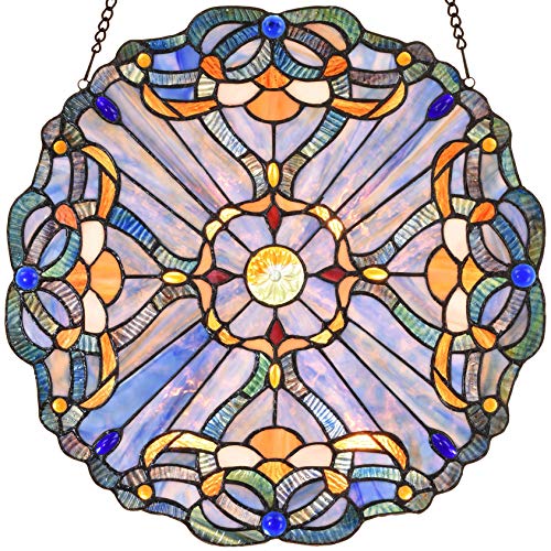 Bieye W10069 Baroque Tiffany Style Stained Glass Window Panel, Round Shape, 16 inches Wide