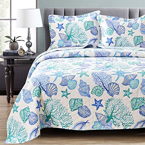Junsey 3 Piece Bedspreads Coverlet Set King Size Ocean Theme,Lightweight Reversible Quilts Set Seashell Conch Starfish,Ocean Creature Bedding Cover