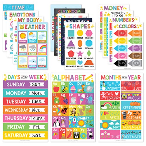 16 Educational Posters for Classroom Decor & Kindergarten Homeschool Supplies – Baby to 3rd Grade Kids, Laminated PreK Learning Chart Materials – US & World Map, ABC Alphabet, Shapes, Days of the Week, Weather & More