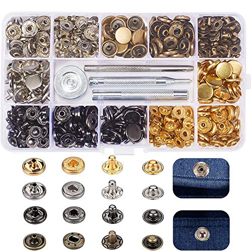 Arokimi Snap Fastener Kit,Metal Snaps Buttons with Fixing Tools, 4 Color Clothing Snaps Kit for Clothing, Leather, Jacket, Jeans Wear, Bags, Bracelet