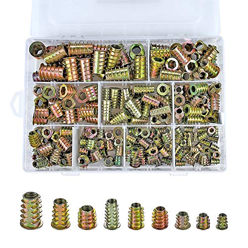 PGMJ 200 Pieces 9 Size M4/M5/M6/M8/M10 Metric Threaded Inserts Nuts Assortment Tool Kit for Wood Furniture Zinc Alloy Furniture Bolt Fastener Connector Hex Socket Screw Inserts