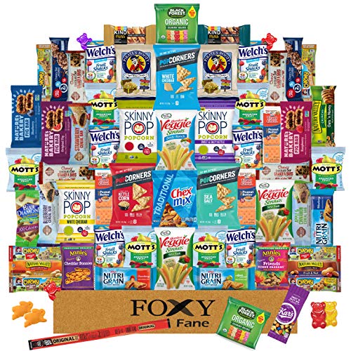 Foxy Fane 60 count Premium Healthy Snack Box - Ultimate Gift Care Package with Variety Assortment of Chips, Nuts, Bars, Crackers, Popcorn, Cookies & more - Bulk Bundle of Delicious Treats (60 Snacks)