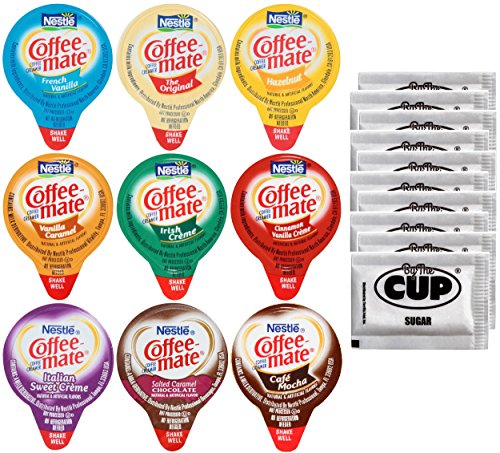 Coffee Mate .375oz Non-Dairy Liquid Creamer Singles - 9 Flavor Assortment, Hazelnut, French Vanilla, Original, Cafe Mocha, Salted Caramel (36 Pack) - Exclusive By The Cup Sugar Packets
