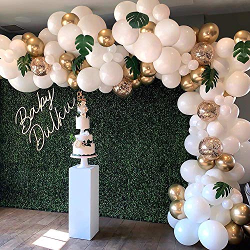 Balloon Garland Arch Kit, White Gold Confetti Balloons 101 PCS, Artificial Palm Leaves 6 PCS, Balloons for Parties, Party Wedding Birthday Balloons Decorations, Baby Shower Decorations for Girl Boy